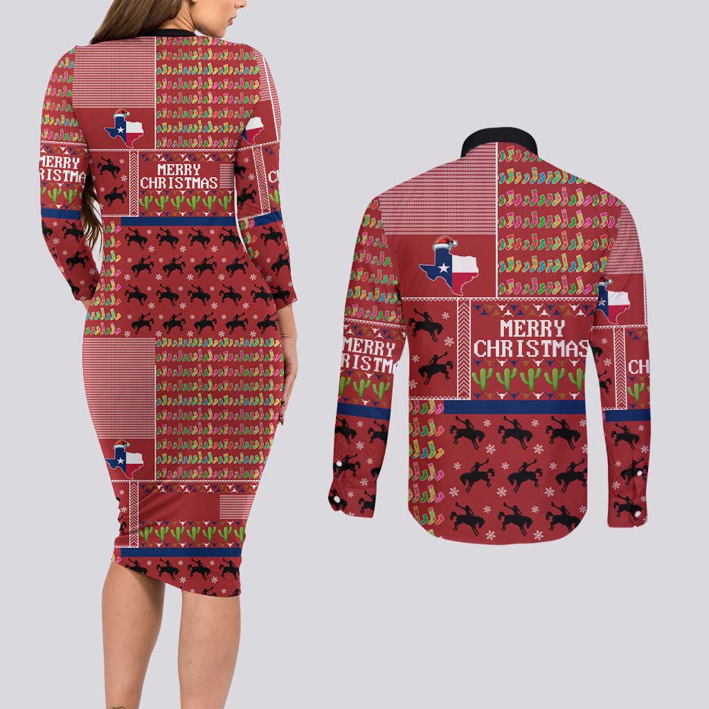 Texas Map Merry Christmas Couples Matching Long Sleeve Bodycon Dress and Long Sleeve Button Shirt Xmas Holiday Patterns - Wonder Print Shop