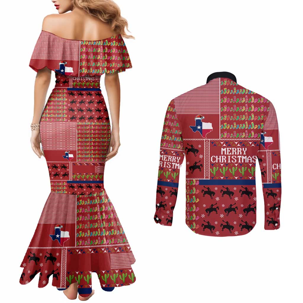Texas Map Merry Christmas Couples Matching Mermaid Dress and Long Sleeve Button Shirt Xmas Holiday Patterns - Wonder Print Shop