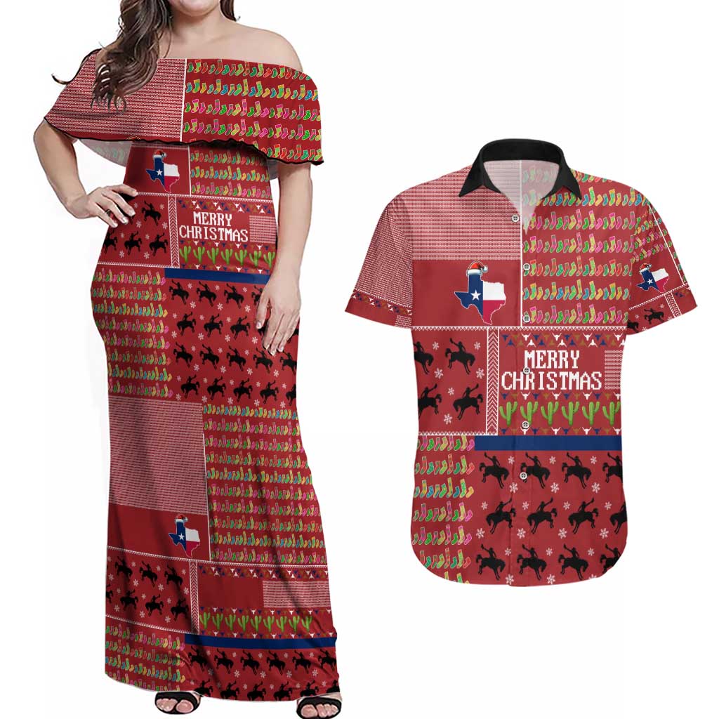 Texas Map Merry Christmas Couples Matching Off Shoulder Maxi Dress and Hawaiian Shirt Xmas Holiday Patterns - Wonder Print Shop
