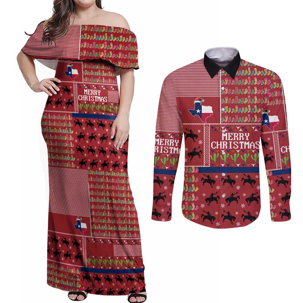 Texas Map Merry Christmas Couples Matching Off Shoulder Maxi Dress and Long Sleeve Button Shirt Xmas Holiday Patterns - Wonder Print Shop