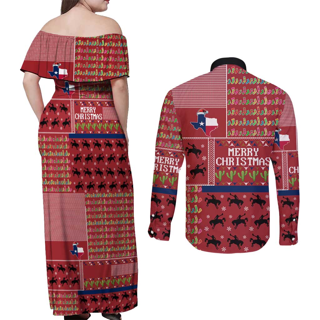 Texas Map Merry Christmas Couples Matching Off Shoulder Maxi Dress and Long Sleeve Button Shirt Xmas Holiday Patterns - Wonder Print Shop