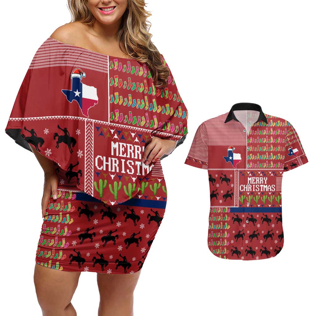 Texas Map Merry Christmas Couples Matching Off Shoulder Short Dress and Hawaiian Shirt Xmas Holiday Patterns - Wonder Print Shop