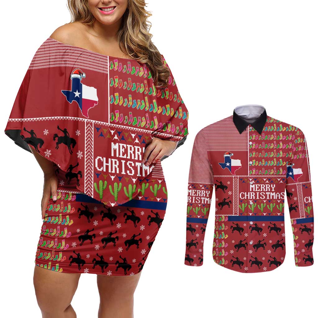 Texas Map Merry Christmas Couples Matching Off Shoulder Short Dress and Long Sleeve Button Shirt Xmas Holiday Patterns - Wonder Print Shop