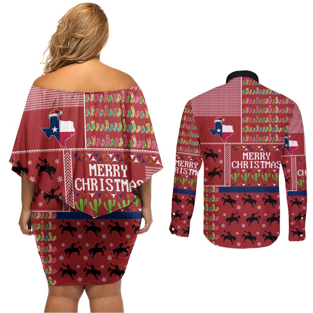 Texas Map Merry Christmas Couples Matching Off Shoulder Short Dress and Long Sleeve Button Shirt Xmas Holiday Patterns - Wonder Print Shop