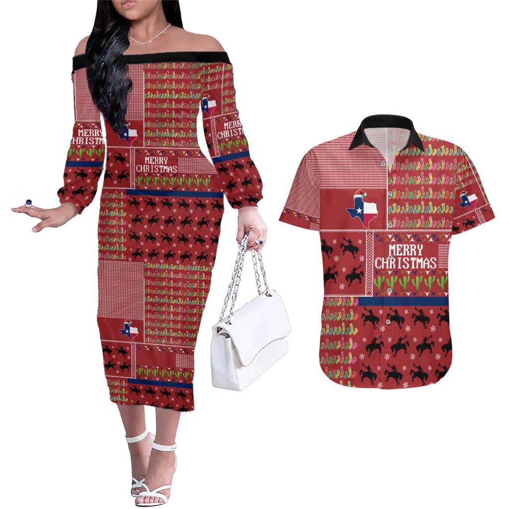 Texas Map Merry Christmas Couples Matching Off The Shoulder Long Sleeve Dress and Hawaiian Shirt Xmas Holiday Patterns - Wonder Print Shop