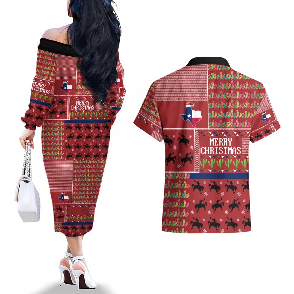 Texas Map Merry Christmas Couples Matching Off The Shoulder Long Sleeve Dress and Hawaiian Shirt Xmas Holiday Patterns - Wonder Print Shop