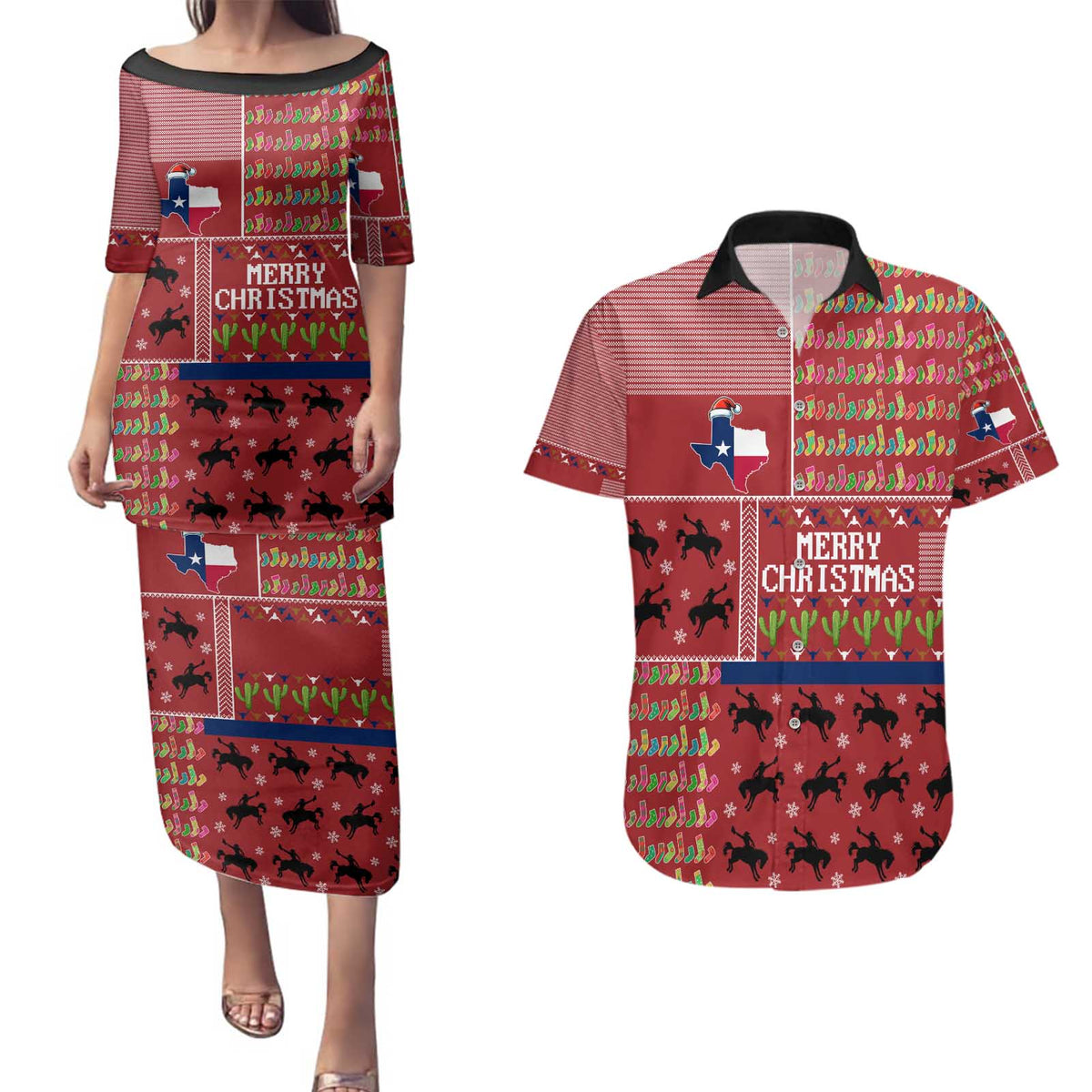 Texas Map Merry Christmas Couples Matching Puletasi and Hawaiian Shirt Xmas Holiday Patterns - Wonder Print Shop