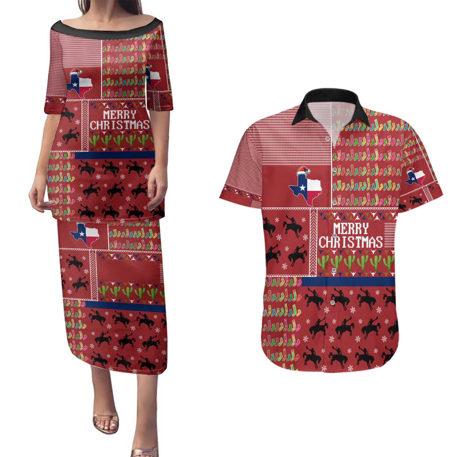 Texas Map Merry Christmas Couples Matching Puletasi and Hawaiian Shirt Xmas Holiday Patterns - Wonder Print Shop