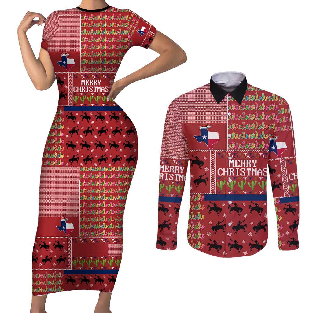 Texas Map Merry Christmas Couples Matching Short Sleeve Bodycon Dress and Long Sleeve Button Shirt Xmas Holiday Patterns - Wonder Print Shop