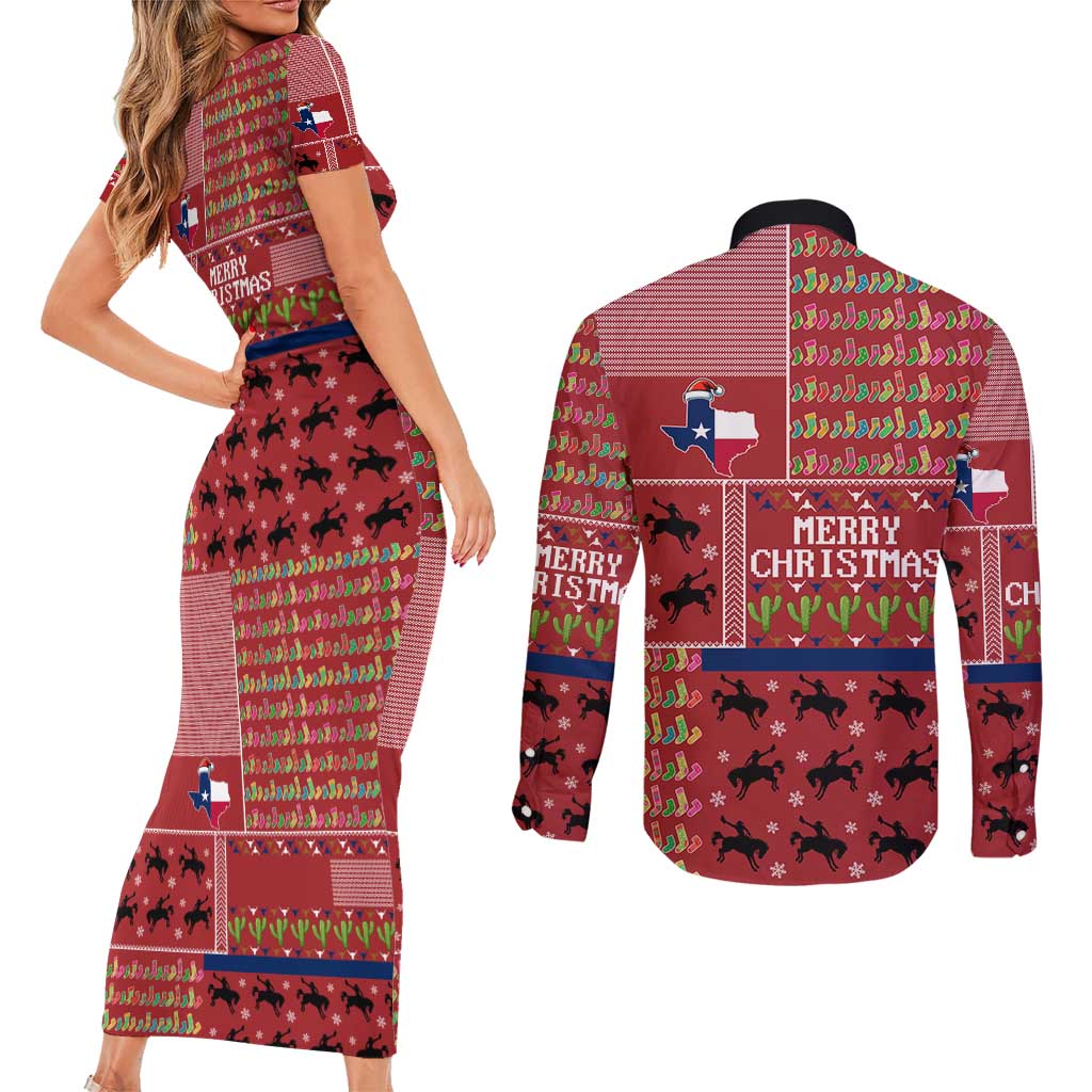 Texas Map Merry Christmas Couples Matching Short Sleeve Bodycon Dress and Long Sleeve Button Shirt Xmas Holiday Patterns - Wonder Print Shop