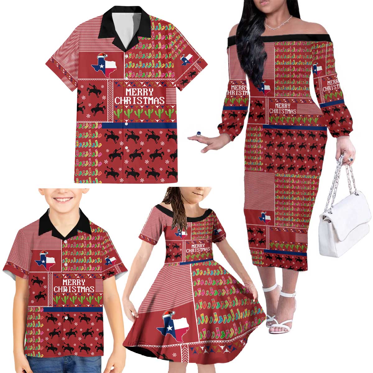 Texas Map Merry Christmas Family Matching Off The Shoulder Long Sleeve Dress and Hawaiian Shirt Xmas Holiday Patterns - Wonder Print Shop
