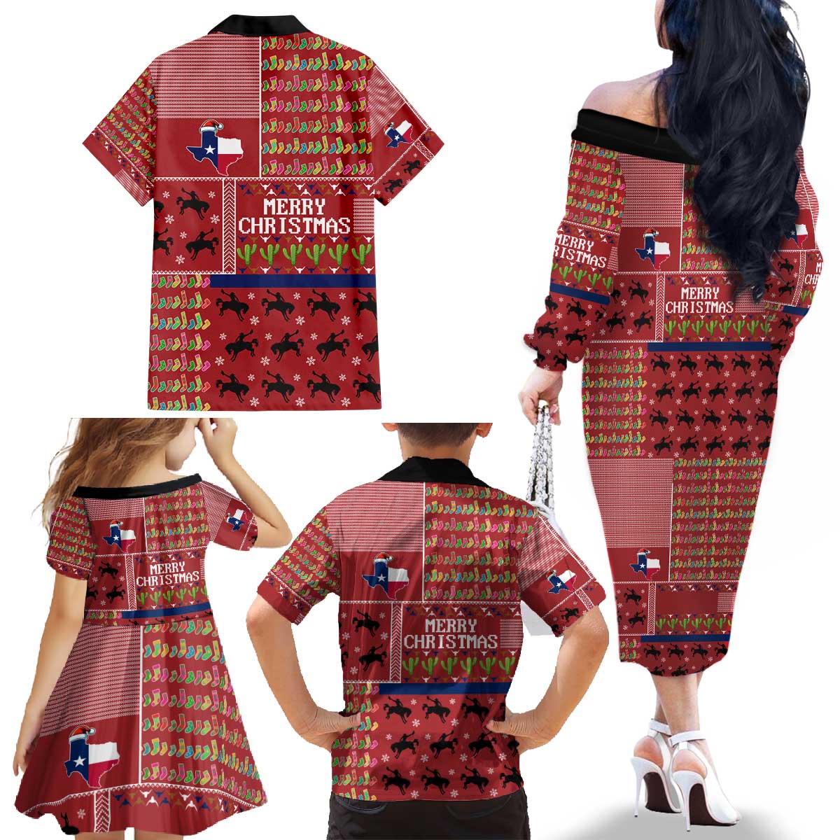 Texas Map Merry Christmas Family Matching Off The Shoulder Long Sleeve Dress and Hawaiian Shirt Xmas Holiday Patterns - Wonder Print Shop