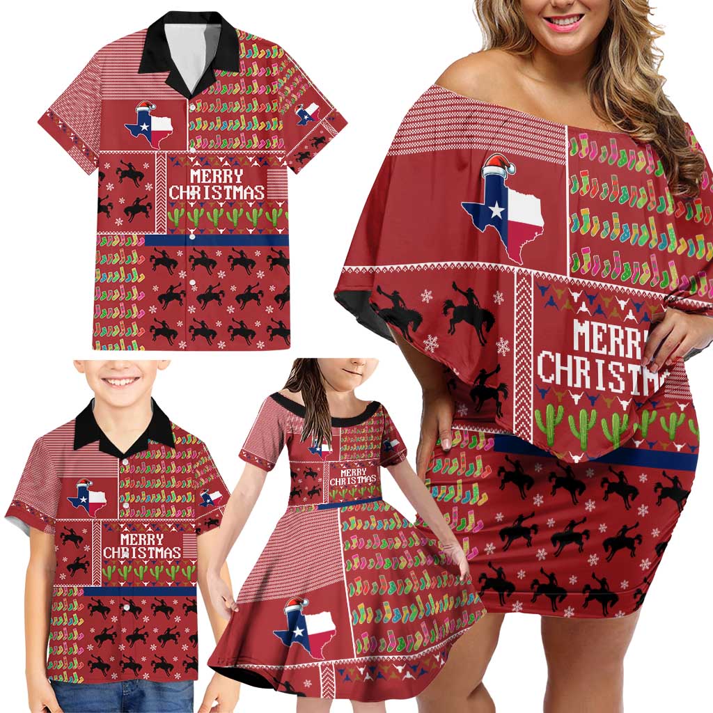 Texas Map Merry Christmas Family Matching Off Shoulder Short Dress and Hawaiian Shirt Xmas Holiday Patterns - Wonder Print Shop