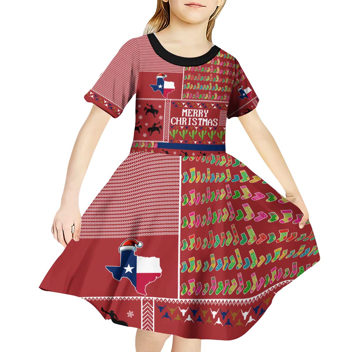 Texas Map Merry Christmas Kid Short Sleeve Dress Xmas Holiday Patterns - Wonder Print Shop