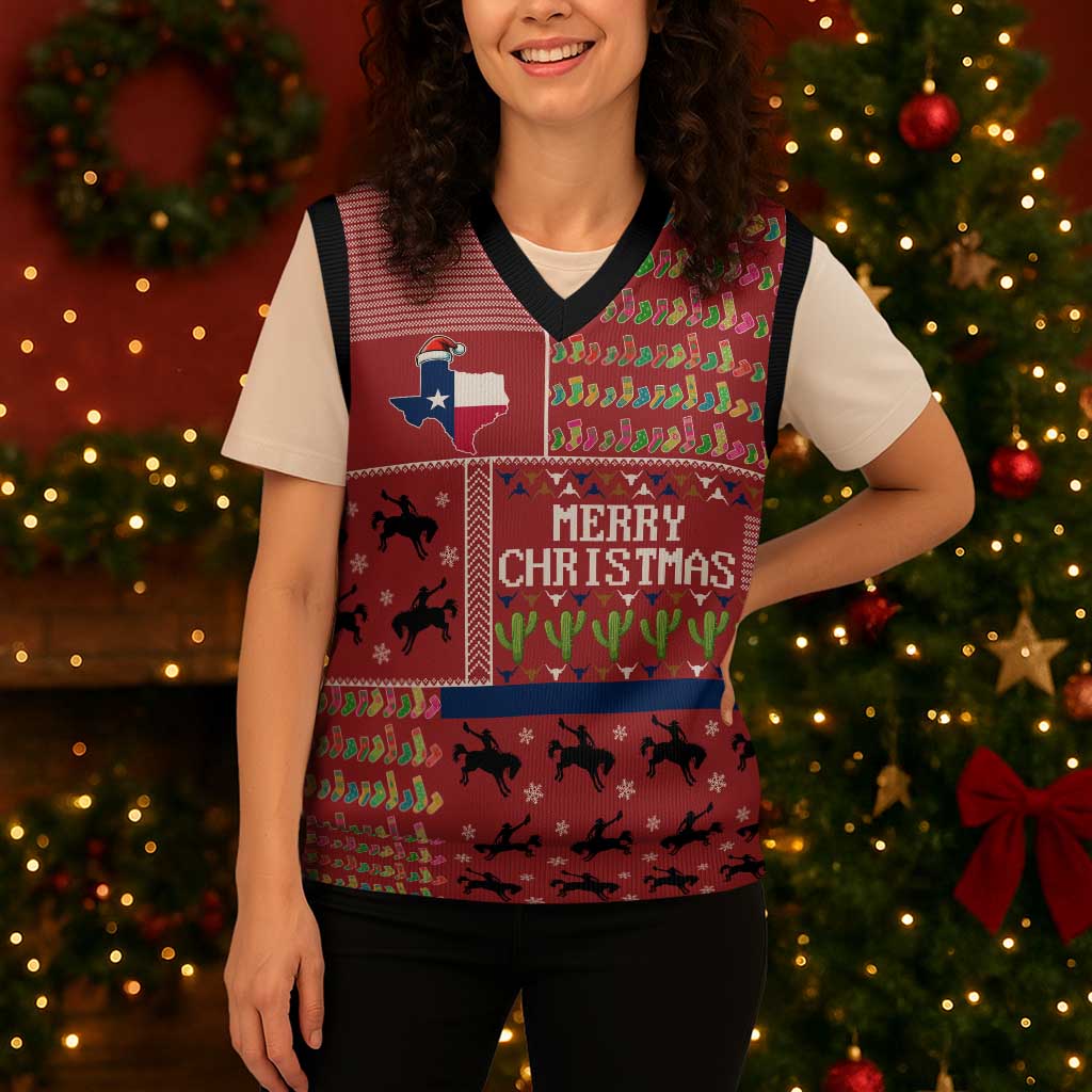 Texas Map Merry Christmas Knitted V-Neck Vest Xmas Holiday Patterns - Wonder Print Shop