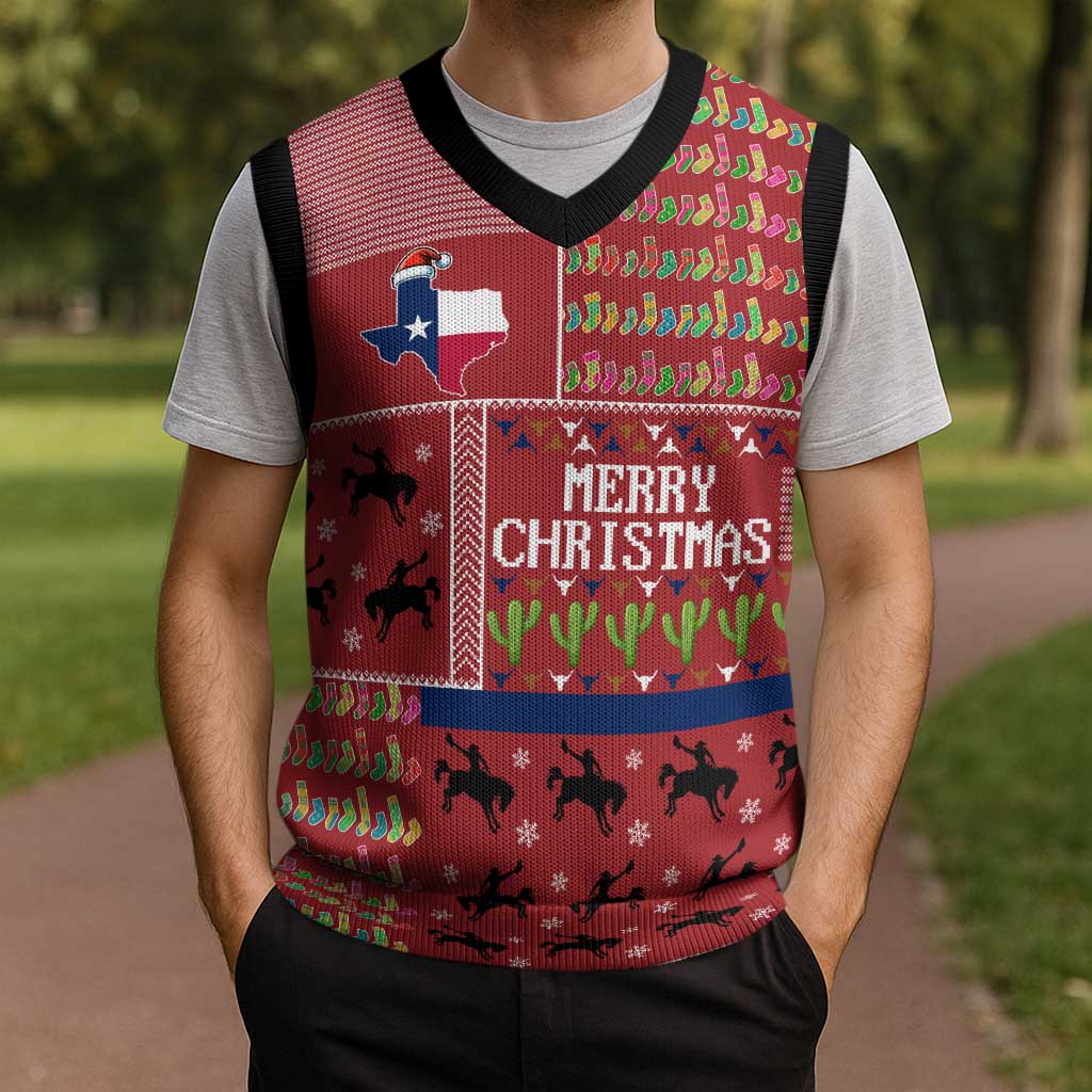 Texas Map Merry Christmas Knitted V-Neck Vest Xmas Holiday Patterns - Wonder Print Shop