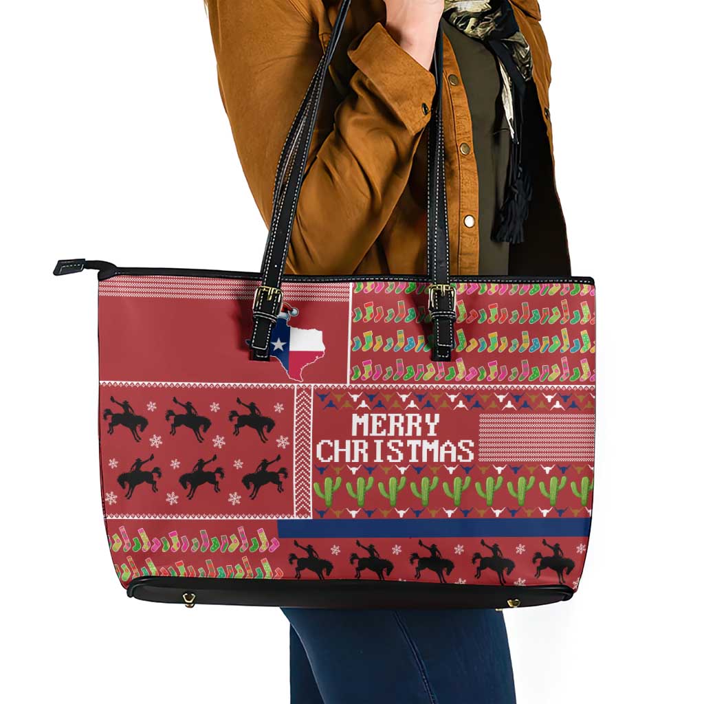 Texas Map Merry Christmas Leather Tote Bag Xmas Holiday Patterns - Wonder Print Shop