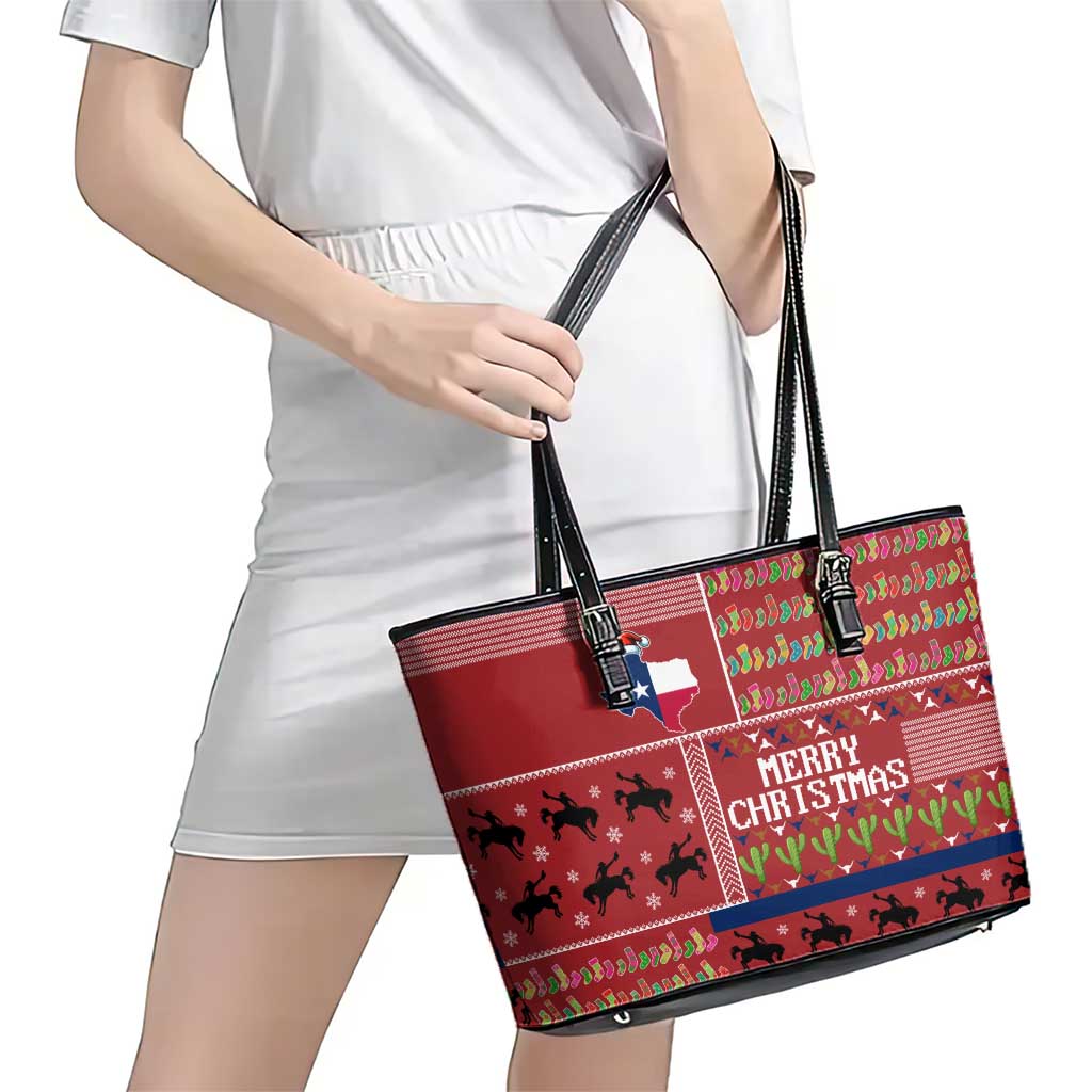 Texas Map Merry Christmas Leather Tote Bag Xmas Holiday Patterns - Wonder Print Shop