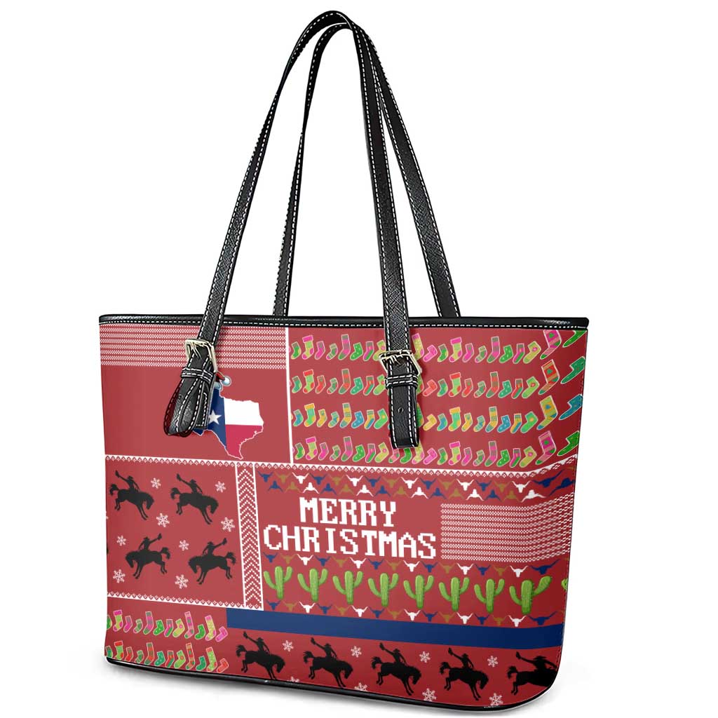 Texas Map Merry Christmas Leather Tote Bag Xmas Holiday Patterns - Wonder Print Shop