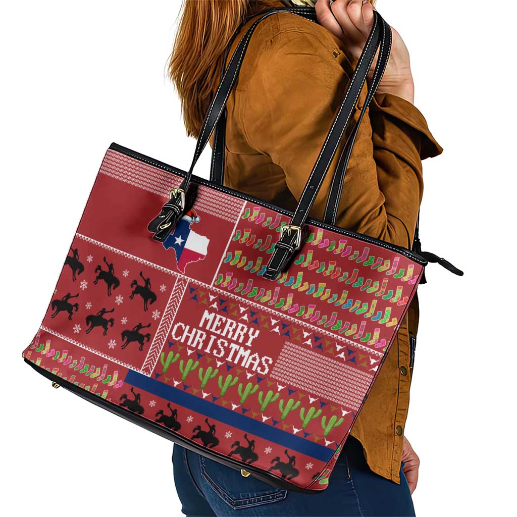 Texas Map Merry Christmas Leather Tote Bag Xmas Holiday Patterns - Wonder Print Shop