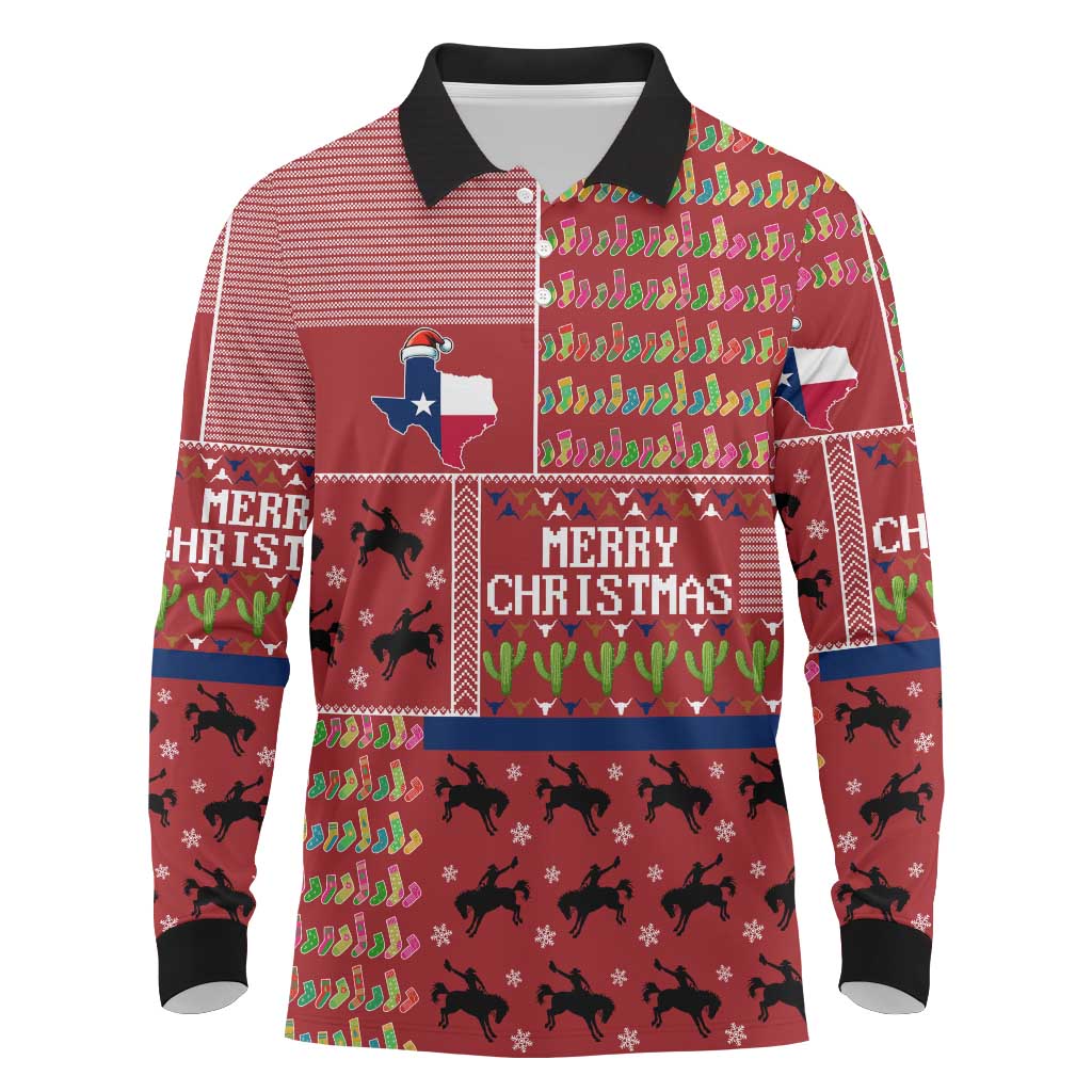 Texas Map Merry Christmas Long Sleeve Polo Shirt Xmas Holiday Patterns - Wonder Print Shop