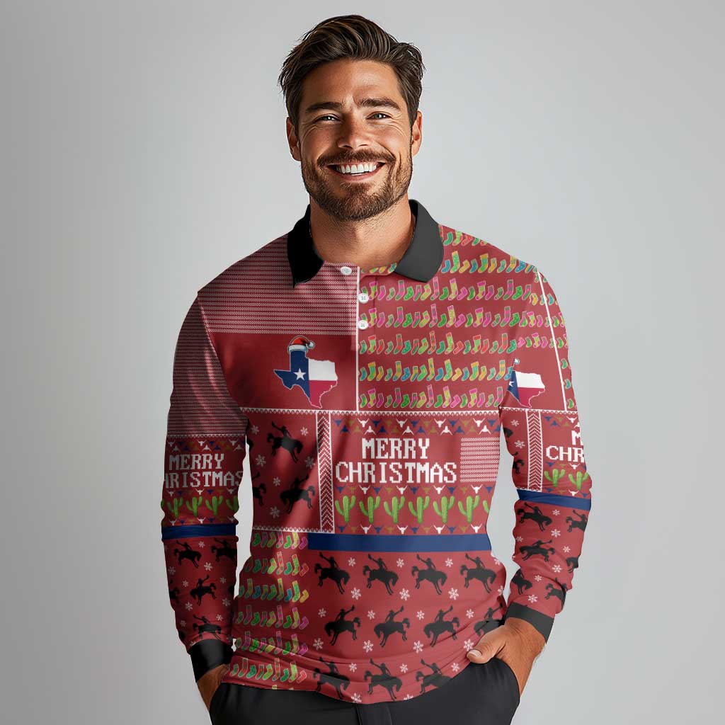Texas Map Merry Christmas Long Sleeve Polo Shirt Xmas Holiday Patterns - Wonder Print Shop