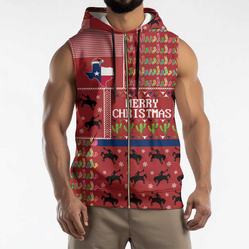 Texas Map Merry Christmas Sleeveless Zip Hoodie Xmas Holiday Patterns - Wonder Print Shop