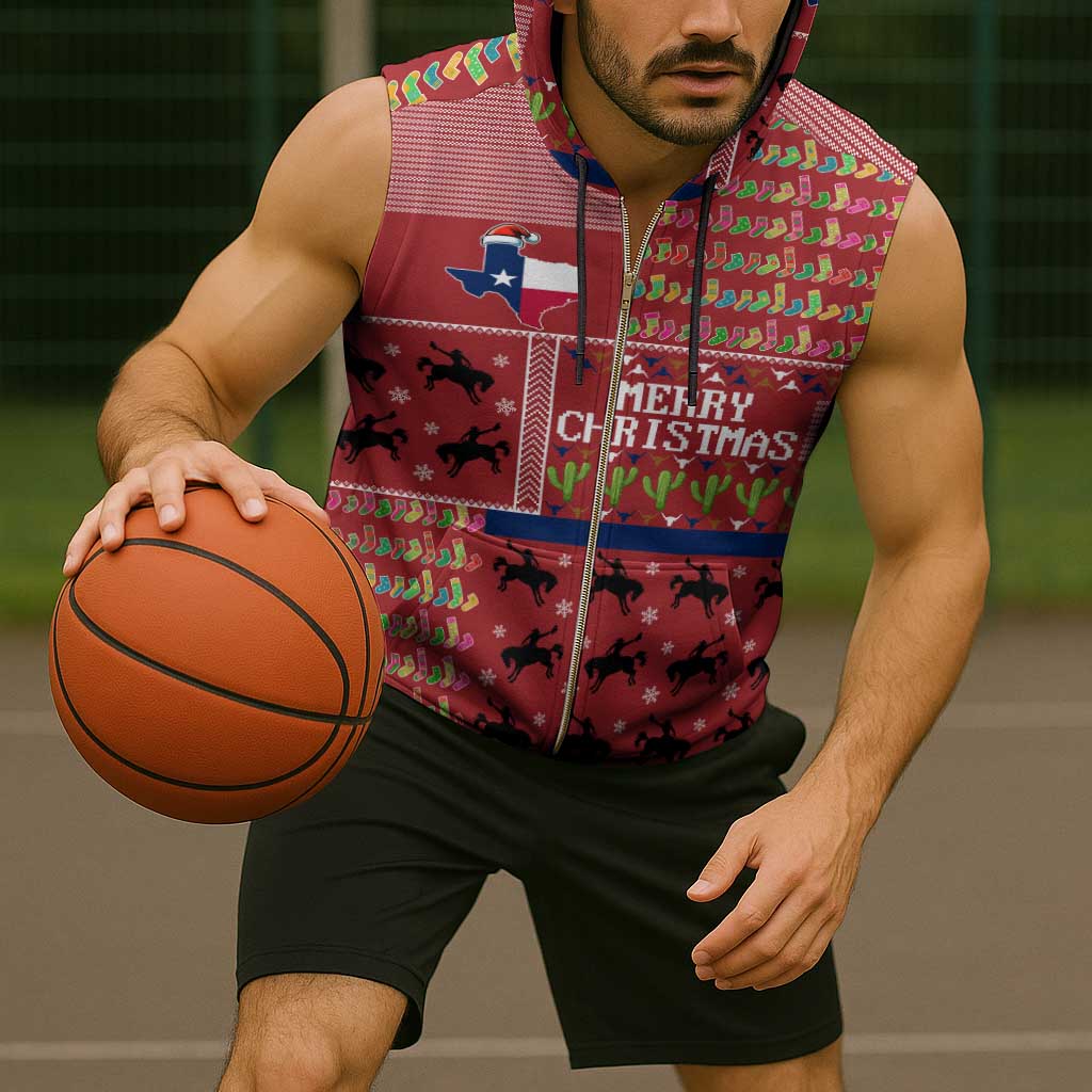 Texas Map Merry Christmas Sleeveless Zip Hoodie Xmas Holiday Patterns - Wonder Print Shop