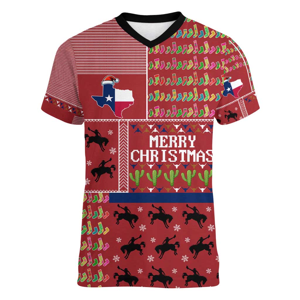 Texas Map Merry Christmas Women V-Neck T-Shirt Xmas Holiday Patterns - Wonder Print Shop