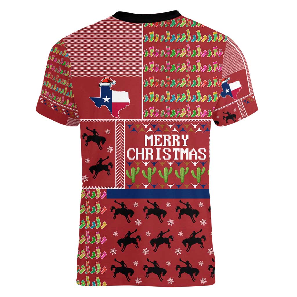 Texas Map Merry Christmas Women V-Neck T-Shirt Xmas Holiday Patterns - Wonder Print Shop