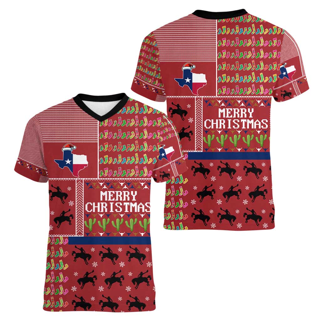 Texas Map Merry Christmas Women V-Neck T-Shirt Xmas Holiday Patterns - Wonder Print Shop