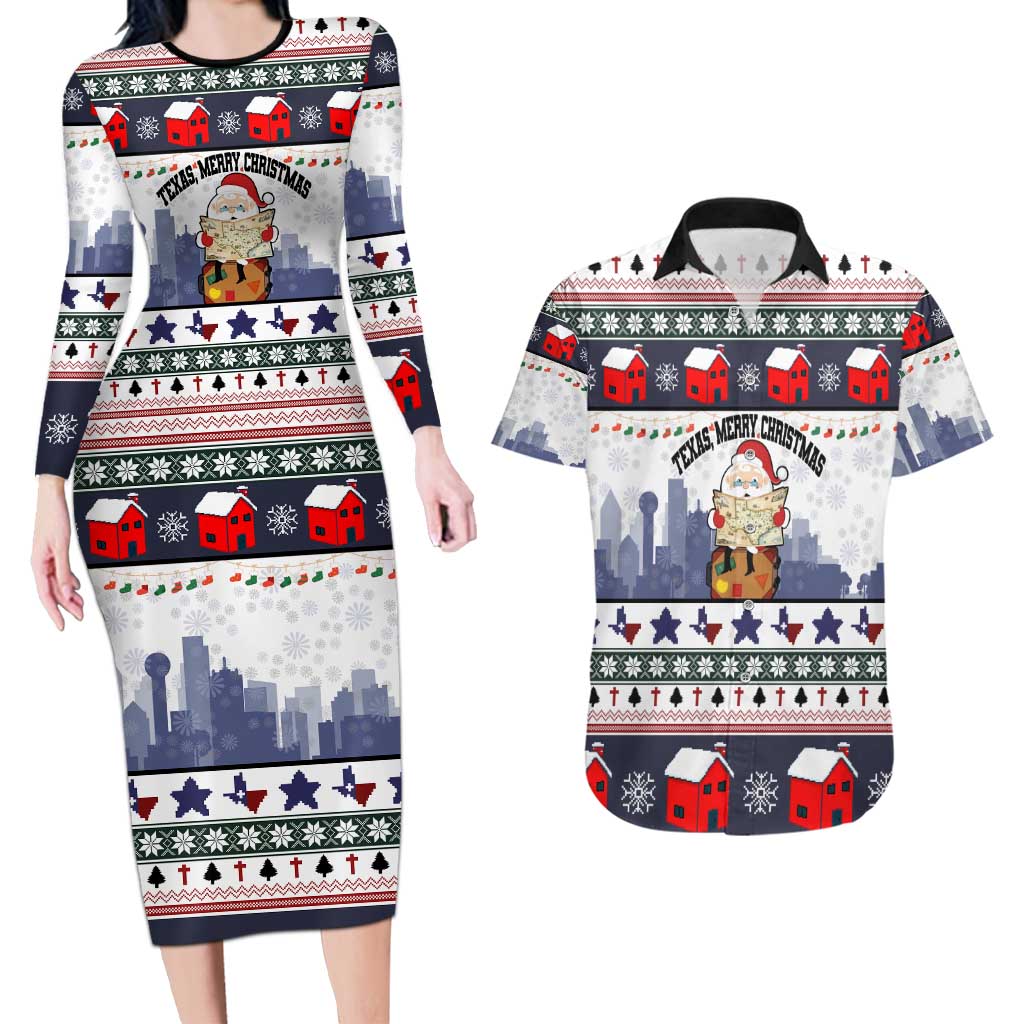 Texas Santa Christmas Couples Matching Long Sleeve Bodycon Dress and Hawaiian Shirt Xmas Holiday Patterns - Wonder Print Shop