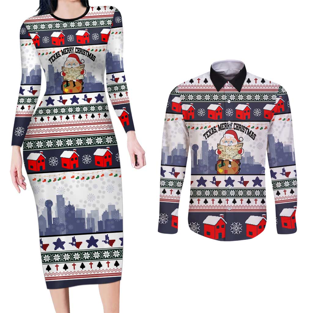 Texas Santa Christmas Couples Matching Long Sleeve Bodycon Dress and Long Sleeve Button Shirt Xmas Holiday Patterns - Wonder Print Shop