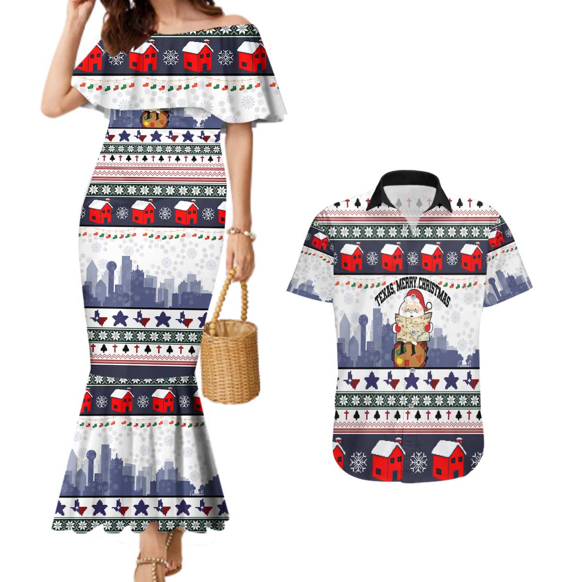 Texas Santa Christmas Couples Matching Mermaid Dress and Hawaiian Shirt Xmas Holiday Patterns - Wonder Print Shop