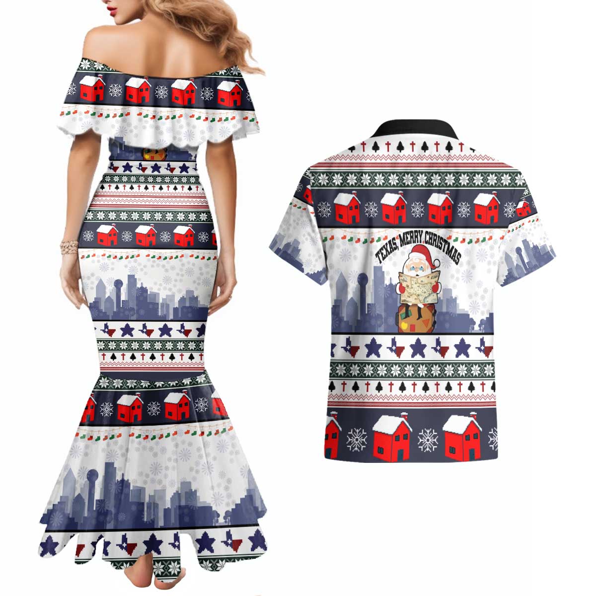 Texas Santa Christmas Couples Matching Mermaid Dress and Hawaiian Shirt Xmas Holiday Patterns - Wonder Print Shop