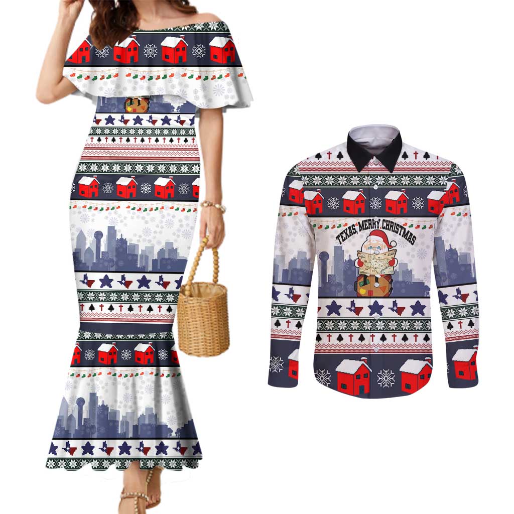 Texas Santa Christmas Couples Matching Mermaid Dress and Long Sleeve Button Shirt Xmas Holiday Patterns - Wonder Print Shop