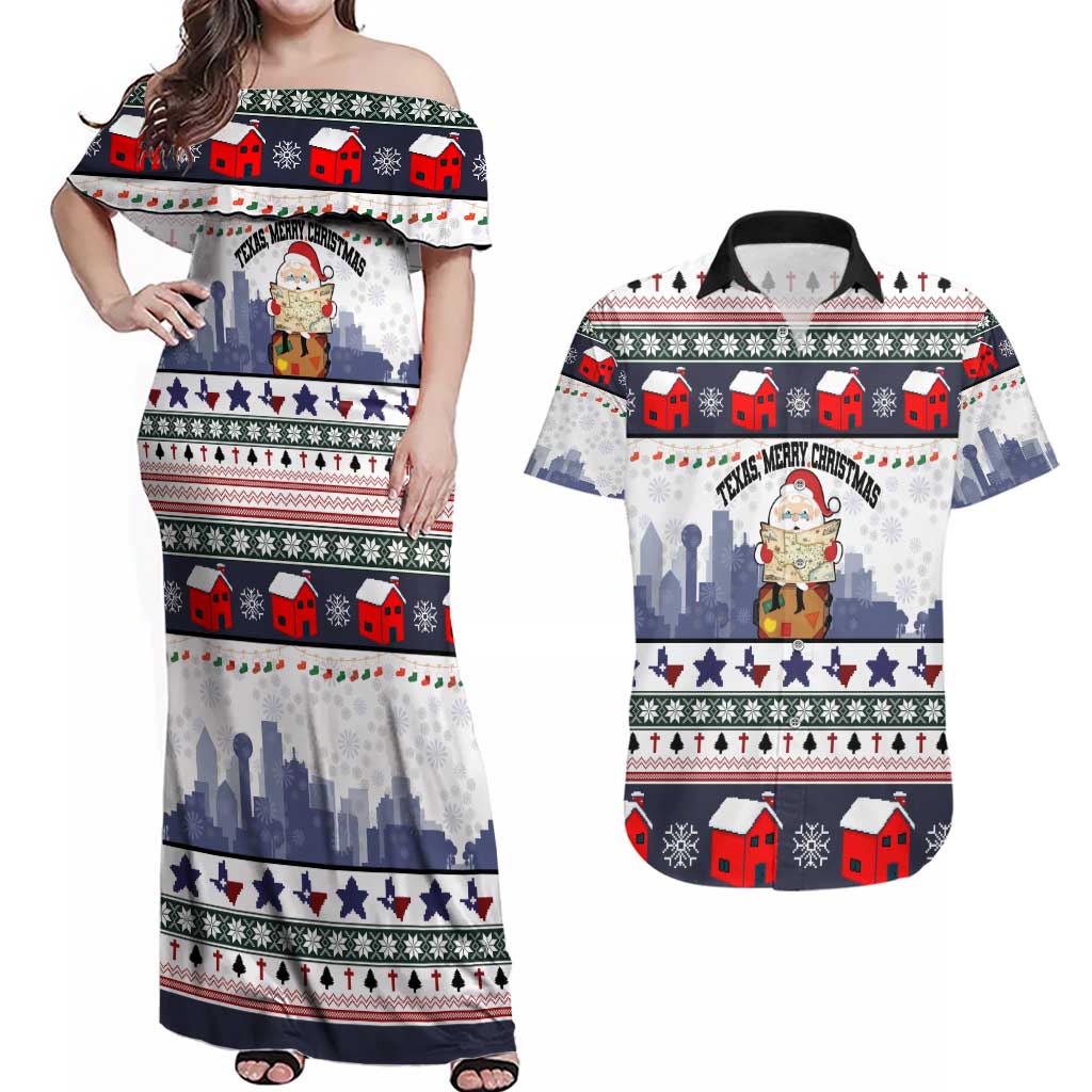 Texas Santa Christmas Couples Matching Off Shoulder Maxi Dress and Hawaiian Shirt Xmas Holiday Patterns - Wonder Print Shop
