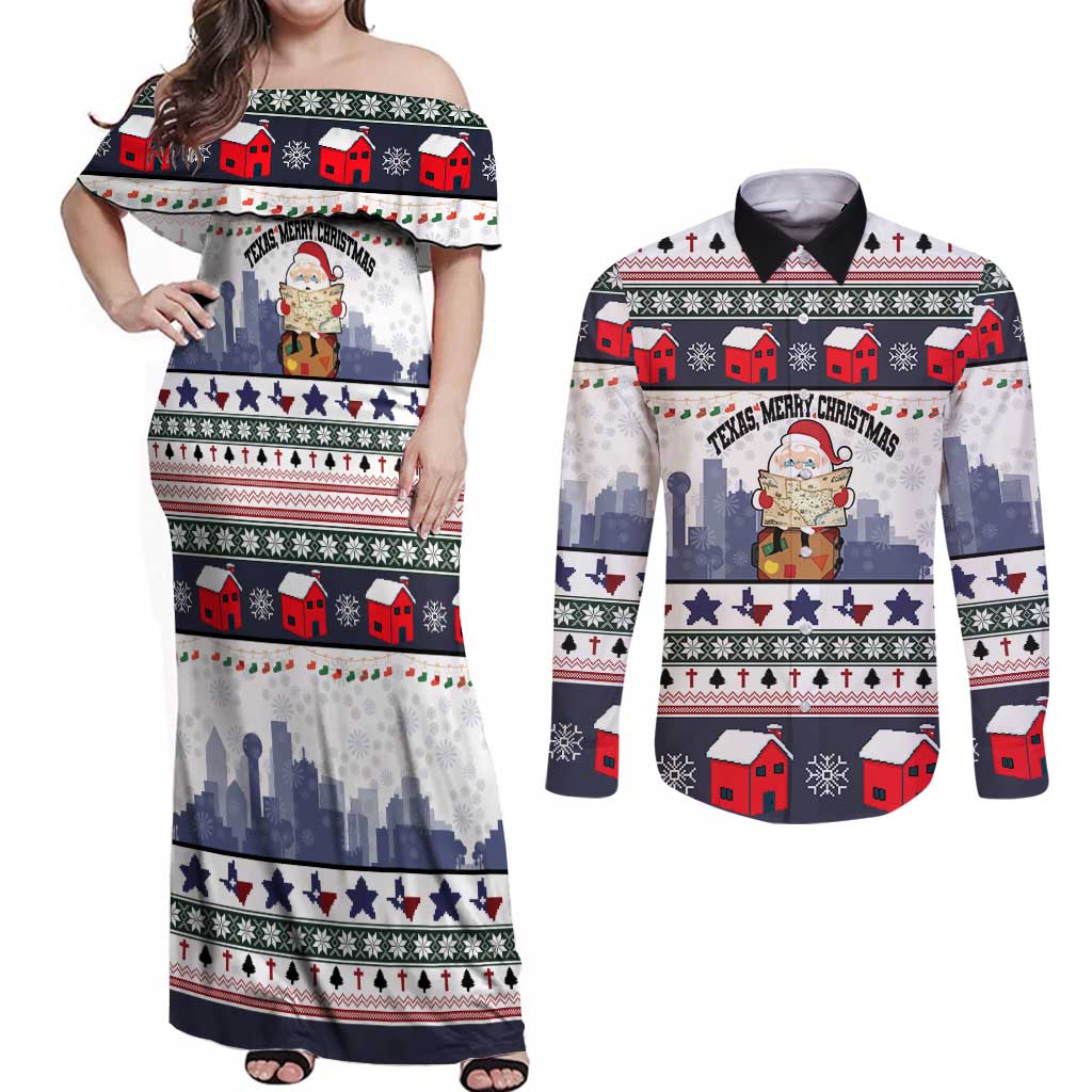Texas Santa Christmas Couples Matching Off Shoulder Maxi Dress and Long Sleeve Button Shirt Xmas Holiday Patterns - Wonder Print Shop
