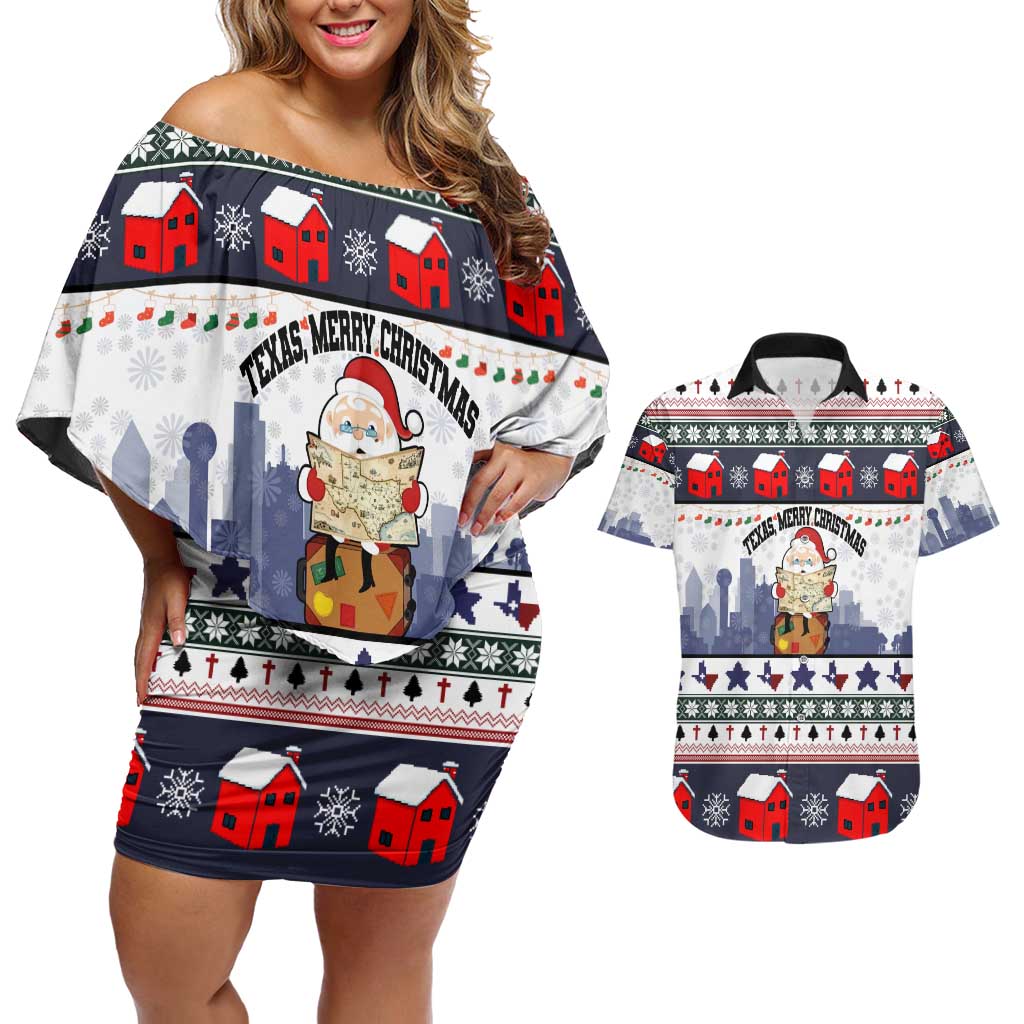 Texas Santa Christmas Couples Matching Off Shoulder Short Dress and Hawaiian Shirt Xmas Holiday Patterns - Wonder Print Shop