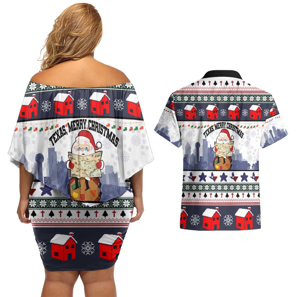 Texas Santa Christmas Couples Matching Off Shoulder Short Dress and Hawaiian Shirt Xmas Holiday Patterns - Wonder Print Shop