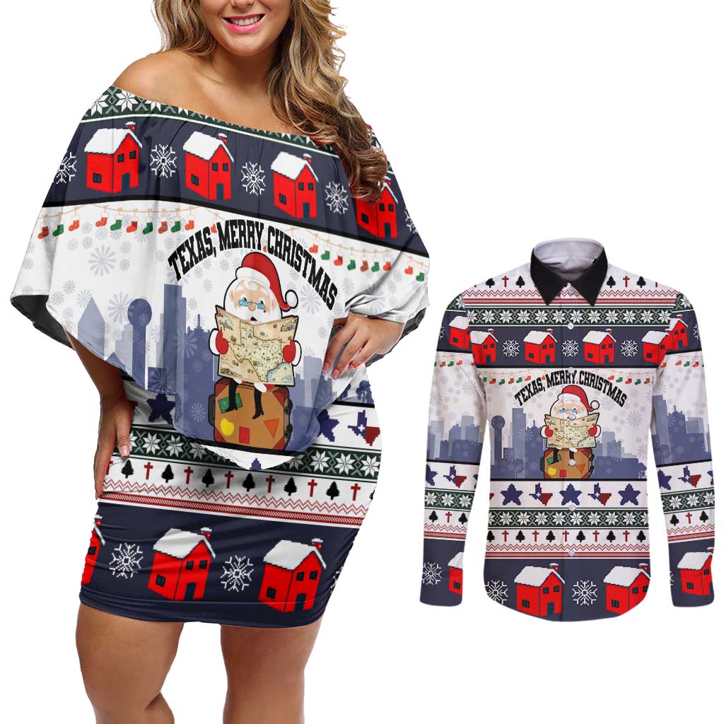 Texas Santa Christmas Couples Matching Off Shoulder Short Dress and Long Sleeve Button Shirt Xmas Holiday Patterns - Wonder Print Shop