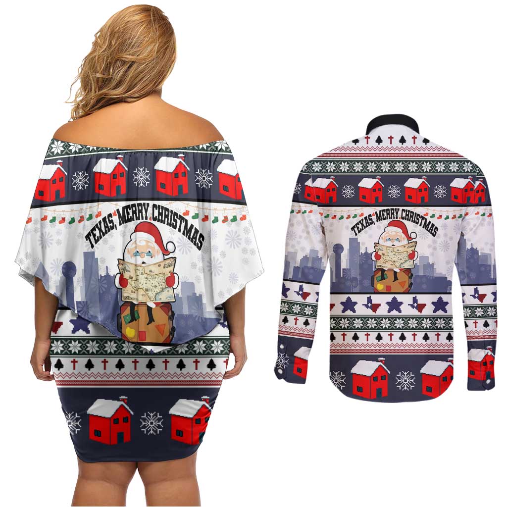 Texas Santa Christmas Couples Matching Off Shoulder Short Dress and Long Sleeve Button Shirt Xmas Holiday Patterns - Wonder Print Shop