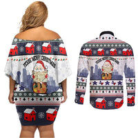 Texas Santa Christmas Couples Matching Off Shoulder Short Dress and Long Sleeve Button Shirt Xmas Holiday Patterns - Wonder Print Shop