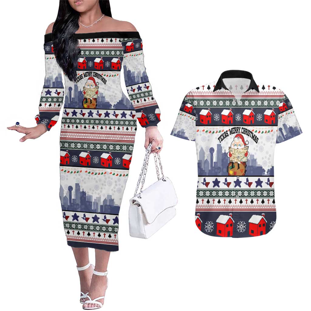 Texas Santa Christmas Couples Matching Off The Shoulder Long Sleeve Dress and Hawaiian Shirt Xmas Holiday Patterns - Wonder Print Shop
