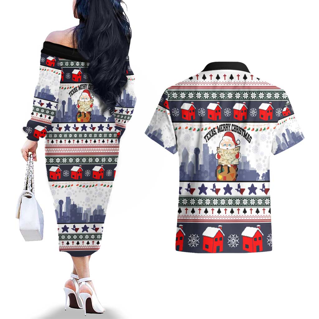 Texas Santa Christmas Couples Matching Off The Shoulder Long Sleeve Dress and Hawaiian Shirt Xmas Holiday Patterns - Wonder Print Shop