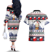 Texas Santa Christmas Couples Matching Off The Shoulder Long Sleeve Dress and Hawaiian Shirt Xmas Holiday Patterns - Wonder Print Shop