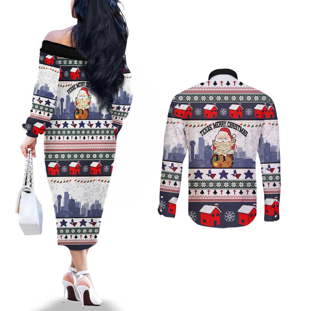 Texas Santa Christmas Couples Matching Off The Shoulder Long Sleeve Dress and Long Sleeve Button Shirt Xmas Holiday Patterns - Wonder Print Shop