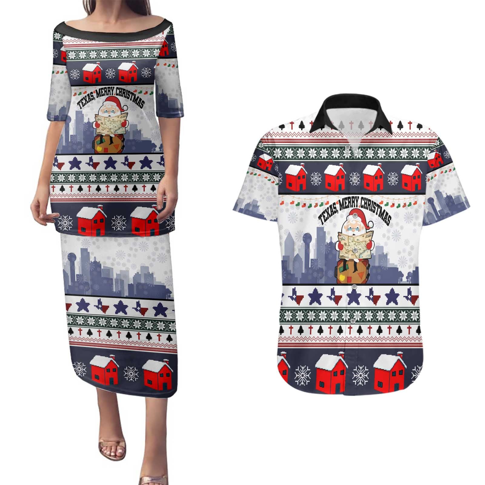 Texas Santa Christmas Couples Matching Puletasi and Hawaiian Shirt Xmas Holiday Patterns - Wonder Print Shop