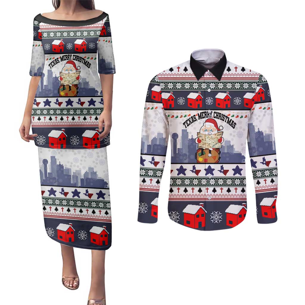 Texas Santa Christmas Couples Matching Puletasi and Long Sleeve Button Shirt Xmas Holiday Patterns - Wonder Print Shop
