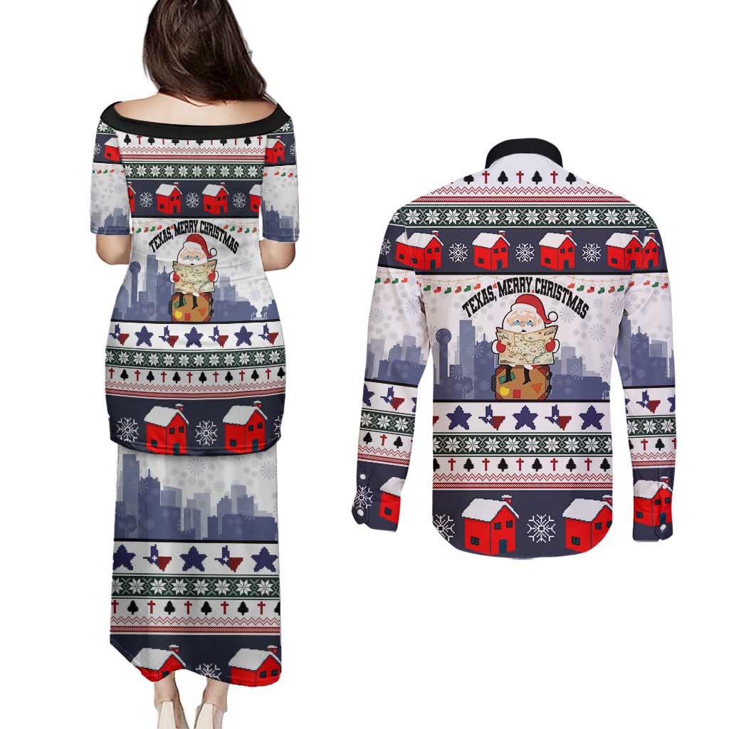 Texas Santa Christmas Couples Matching Puletasi and Long Sleeve Button Shirt Xmas Holiday Patterns - Wonder Print Shop
